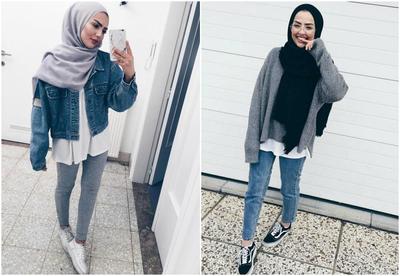 Ootd Hijab Casual Jaket Jeans Celana Hitam Hijab Biru